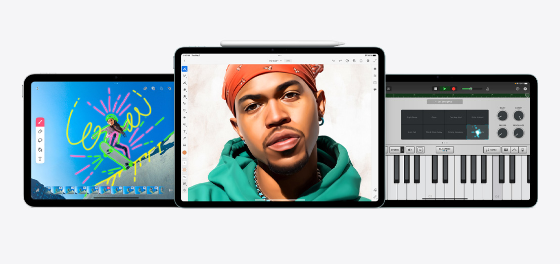 兩部 iPad 和一部 iPad Air 展示 FlipaClip、Adobe Fresco 和 GarageBand app。