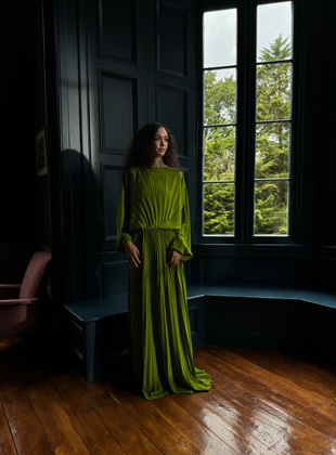 Foto tirada com lente de 24 mm de uma mulher com um vestido verde