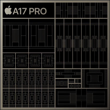 En stilisert, illustrert gjengivelse av A17 Pro-chipen