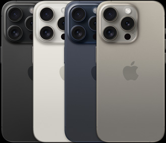 iPhone 15 Pro četrās dažādās krāsās, skats no aizmugures