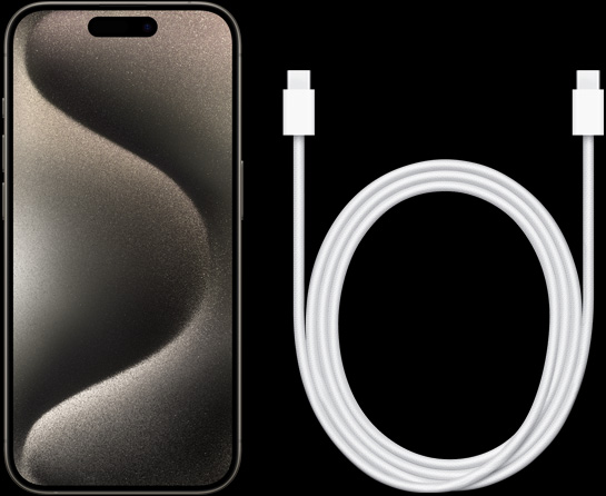 „iPhone 15 Pro“ ir USB-C įkrovimo laido vaizdas iš priekio