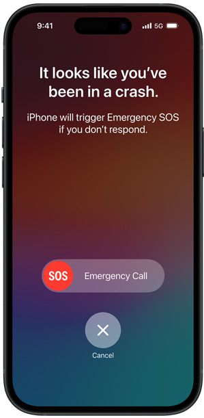 Az Ütközésészlelés funkció képernyője, amelyen az „Úgy tűnik, hogy Ön balesetet szenvedett. Ha nem válaszol, az iPhone aktiválni fogja a Vészhelyzet – SOS funkciót.” felirat látható angol nyelven