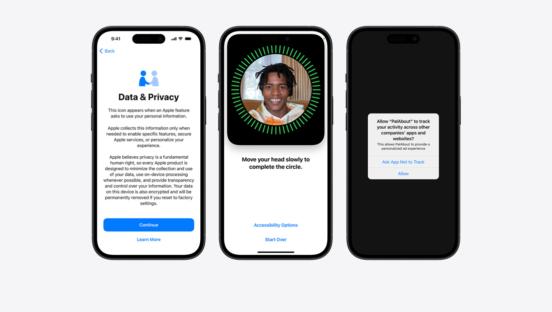 三部 iPhone 各展示日常私隱功能的不同例子，當中包括 Face ID。Apple 私隱標誌。