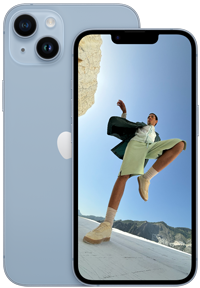 Pohľad zozadu na 6,7-palcový iPhone 14 Plus a pohľad spredu na 6,1-palcový iPhone 14 v modrej farbe.