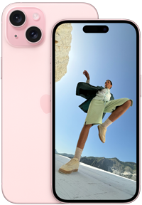 Parte posterior de un iPhone 15 Plus de 6,7 pulgadas y parte frontal de un iPhone 15 de 6,1 pulgadas en rosado.
