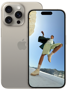 Imagem da parte de trás do iPhone 15 Pro Max de 6,7 polegadas e imagem da parte da frente do iPhone 15 Pro de 6,1 polegadas na cor titânio natural.