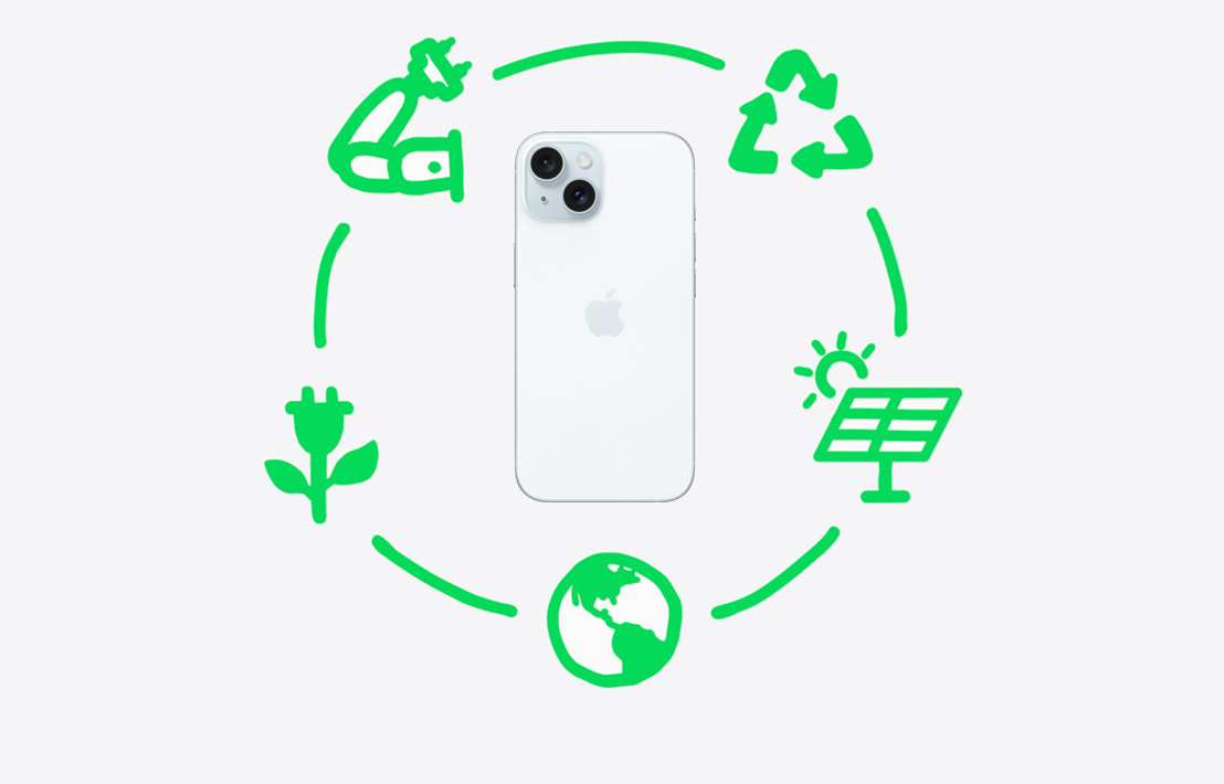 ภาพวาดประกอบสีเขียวที่ดูสนุกสนานแสดงไอคอนที่เกี่ยวกับสิ่งแวดล้อมที่แตกต่างกัน 5 แบบ ซึ่งอยู่ล้อมรอบ iPhone
