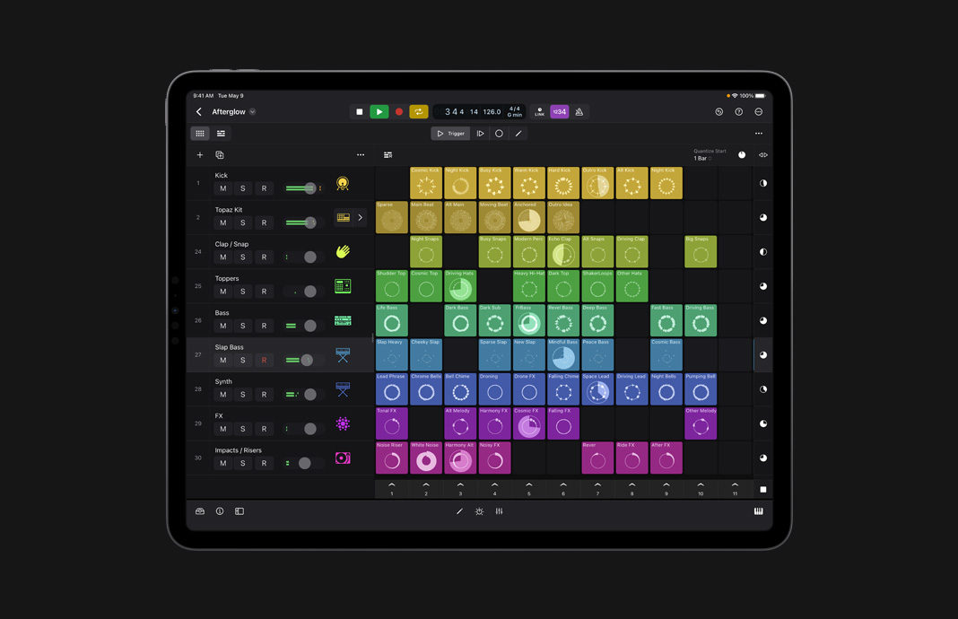 iPad 版 Logic Pro 中錄音和循環樂段製作功能的使用者介面。