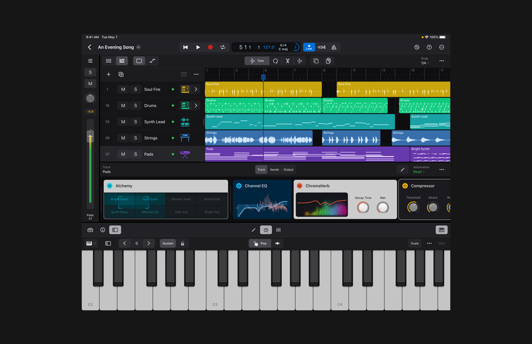 A collection of software instruments compatibile with Ableton Link are show in Logic Pro for iPad on iPad Pro.