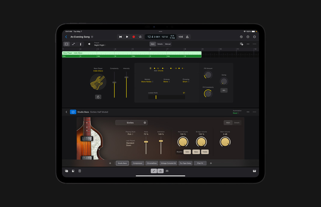 Creating and playing basslines on Logic Pro for iPad on iPad Pro.