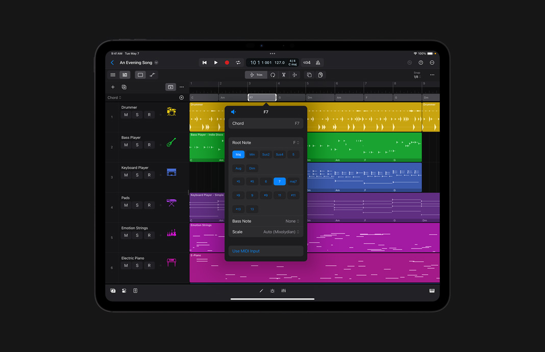 Editing chord progressions in the Chord Track on Logic Pro for iPad on iPad Pro.