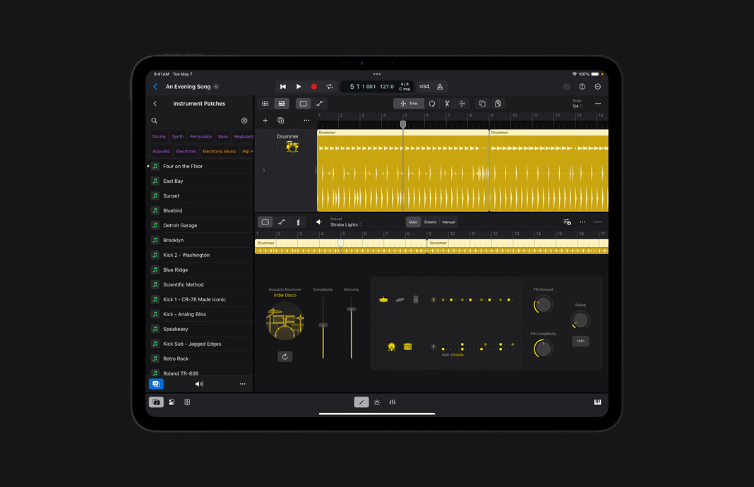 Creating drum grooves on Logic Pro for iPad on iPad Pro.