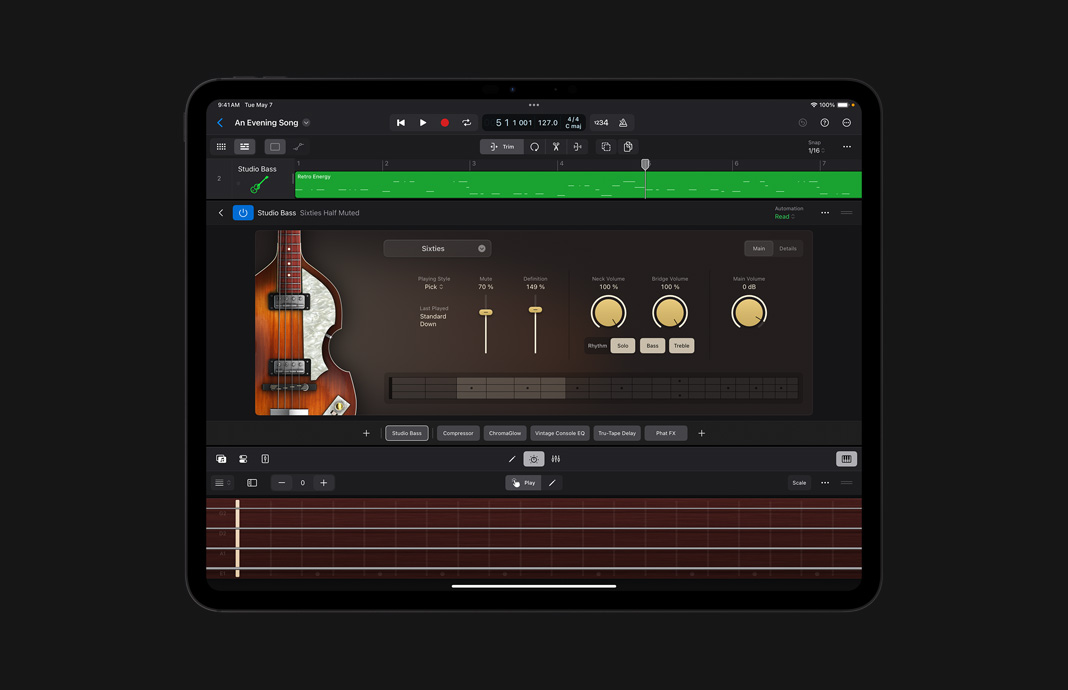 Customising with Studio Bass on Logic Pro for iPad on iPad Pro.
