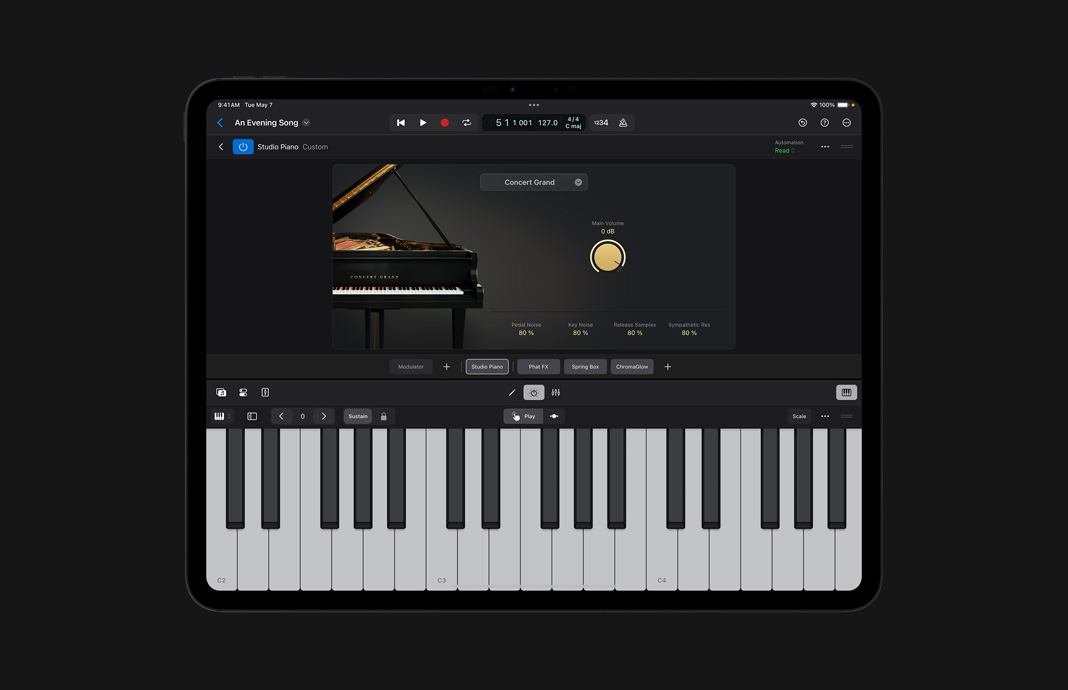 Customising with Studio Piano on Logic Pro for iPad on iPad Pro.