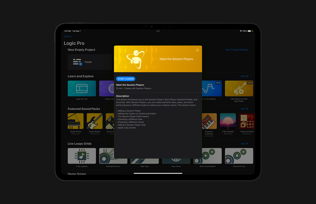 A collection of in-app lessons in Logic Pro on iPad Pro.