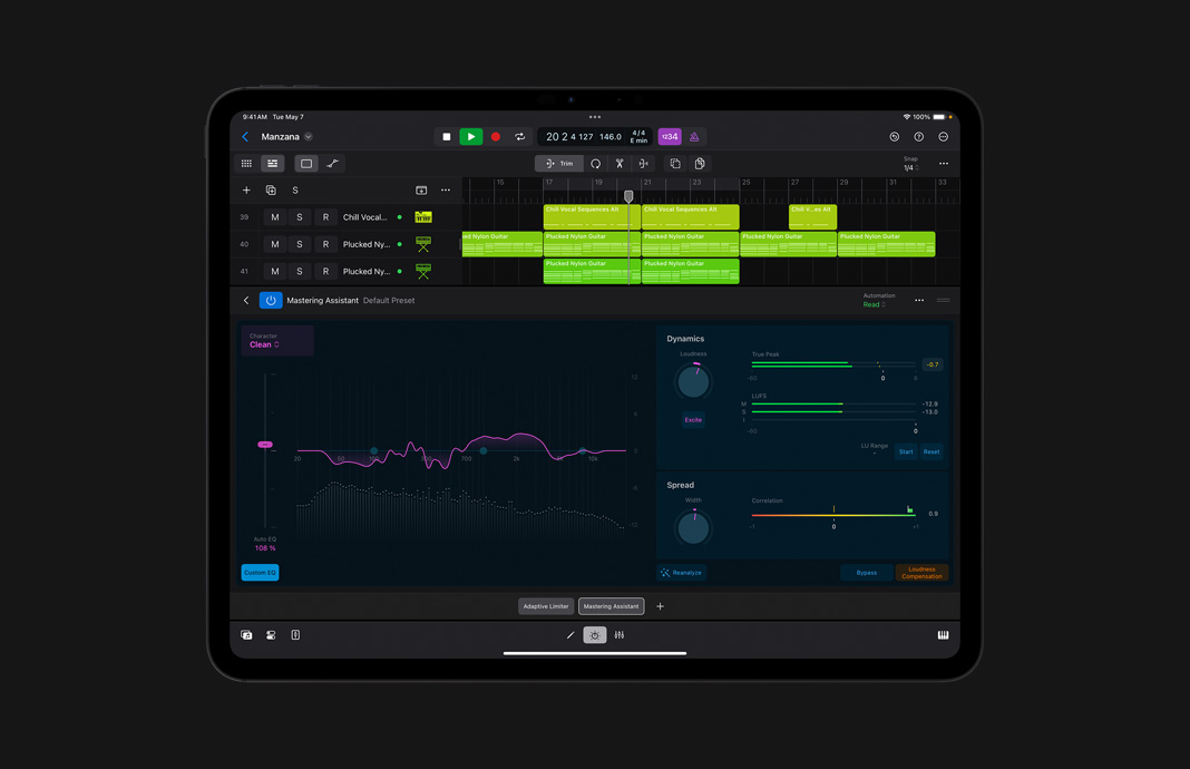 Mastering Assistant user interface showing EQ, Dynamics and Speed settings in Logic Pro for iPad on an iPad Pro