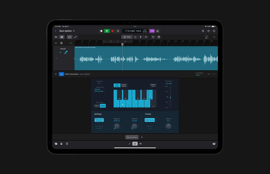 User interface of Pitch Correction in Logic Pro for iPad.