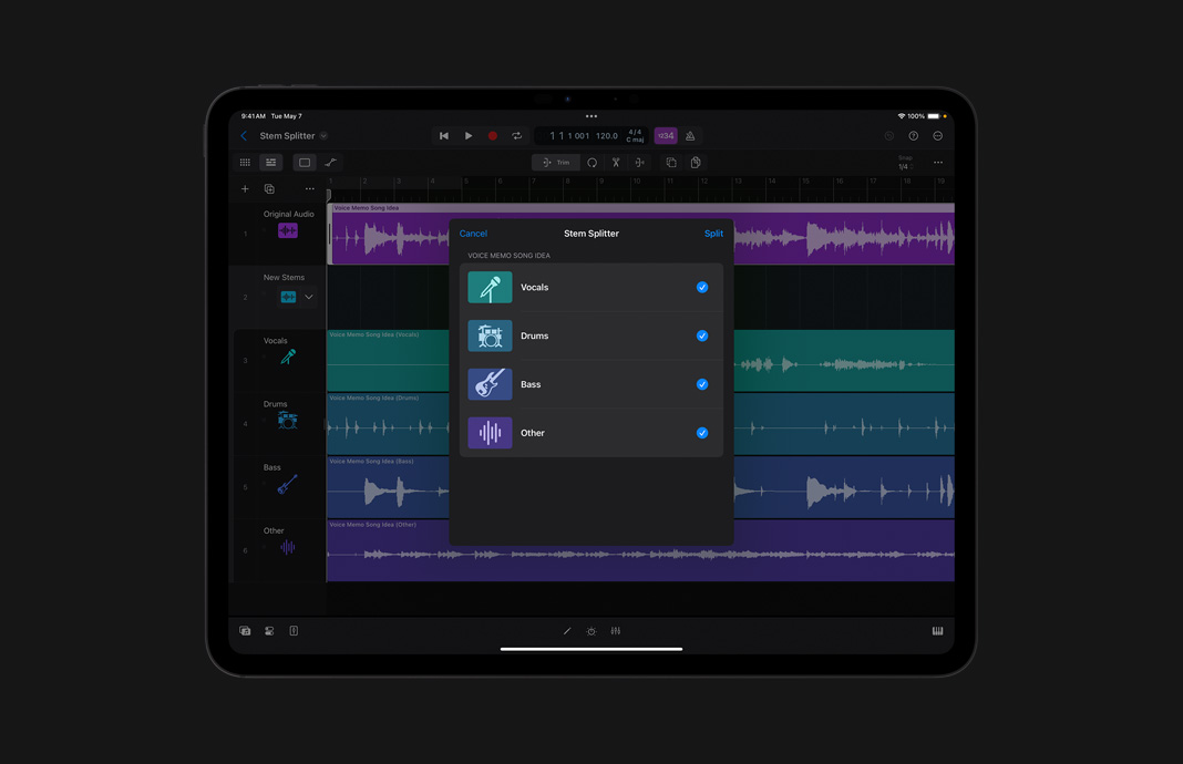 Splitting audio with Stem Splitter on Logic Pro for iPad on iPad Pro.