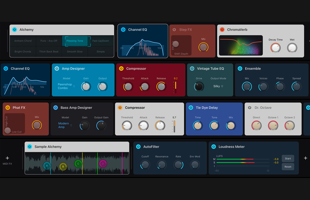 A collection of plug-in tiles in Logic Pro on iPad Pro.