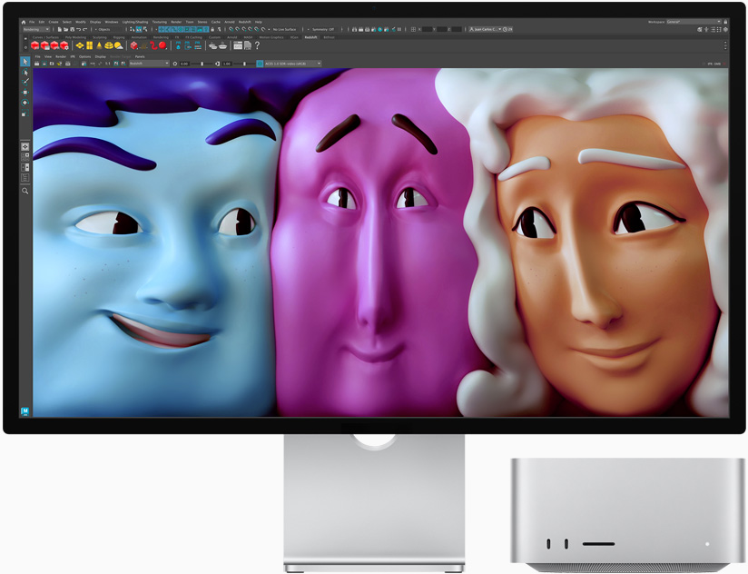 Vista frontal del Studio Display y el Mac Studio