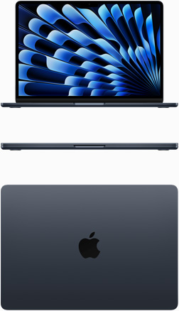 Skatā no priekšpuses un no augšas redzams pusnakts krāsas MacBook Air