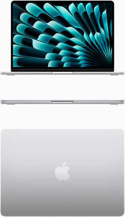 Vedere frontală și de sus a unui MacBook Air în culoarea Argintiu