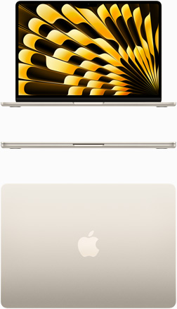 Žvaigždžių šviesos spalvos „MacBook Air“ vaizdas iš priekio ir viršaus