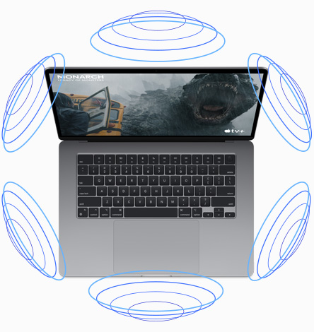 Pohľad zhora na MacBook Air s ilustráciou, ktorá znázorňuje fungovanie priestorového zvuku pri sledovaní filmu