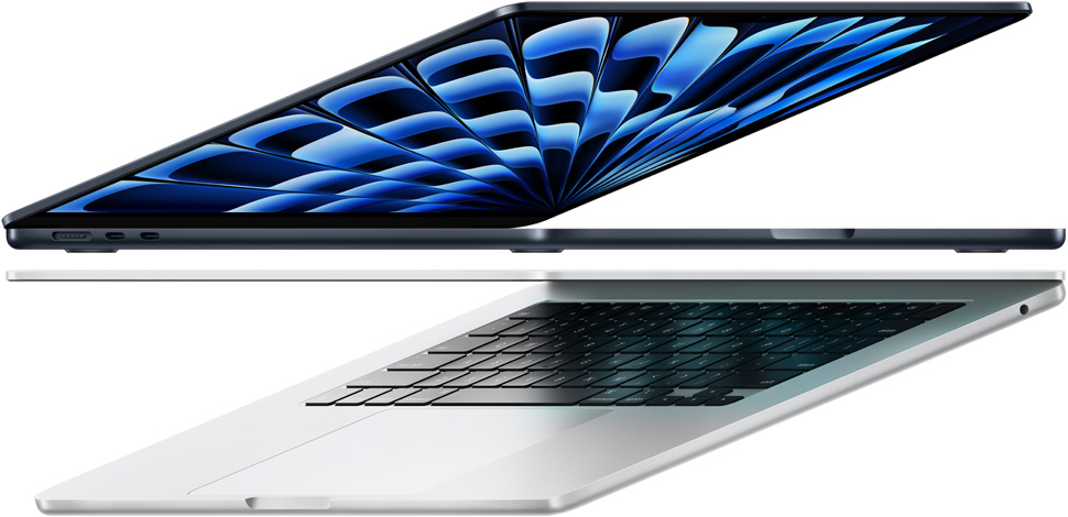 Вид збоку на MacBook Air із чипом M3 в таких кольорах: «темна ніч» і сріблястий