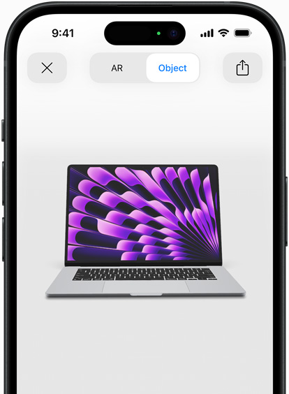 Previzualizare a unui MacBook Air pe culoarea Gri stelar, în experiența AR pe iPhone