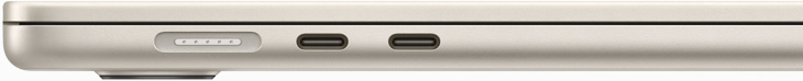 Zijaanzicht van MacBook Air, ingezoomd op de MagSafe-poort en twee Thunderbolt-poorten.