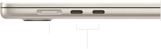 MagSafe 포트와 2개의 Thunderbolt 포트를 볼 수 있도록, 닫혀 있는 MacBook Air를 왼쪽 옆에서 바라본 모습