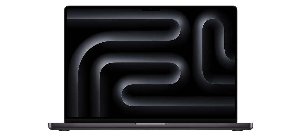 Vista frontal de un MacBook Pro abierto en el nuevo color negro espacial