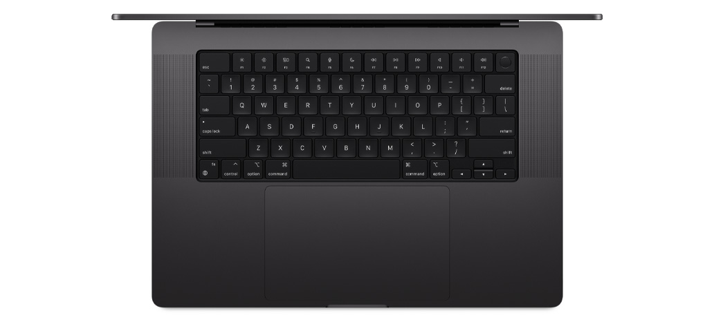 มุมมองด้านบนของ MacBook Pro ที่แสดง Magic Keyboard พร้อม Touch ID และแทร็คแพดในตัว