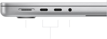 MacBook Pro 14 pouces avec puce M3, fermé, côté gauche, montrant le port MagSafe 3, deux ports Thunderbolt/USB 4 et la prise casque