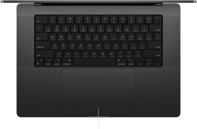Изглед отгоре на отворен 16-инчов MacBook Pro, който показва Force Touch trackpad под клавиатурата