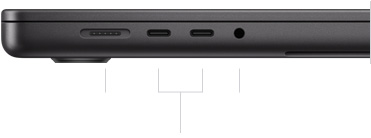 MagSafe 3 포트, Thunderbolt 4 포트 2개, 헤드폰 잭이 보이도록, 닫혀 있는 MacBook Pro 16을 왼쪽 옆에서 바라본 모습
