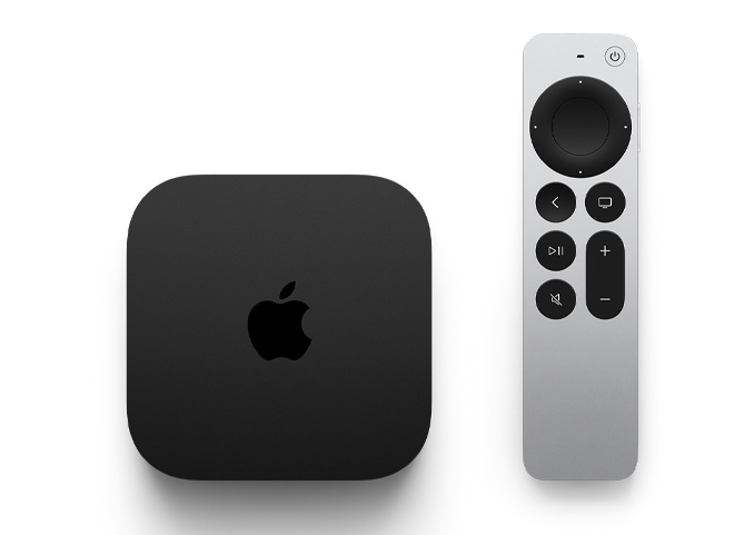 Imagem de uma Apple TV 4k e um Siri Remote