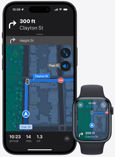 Et bilde som viser kompatibilitet mellom Apple Watch og iPhone når de bruker Kart-appen.