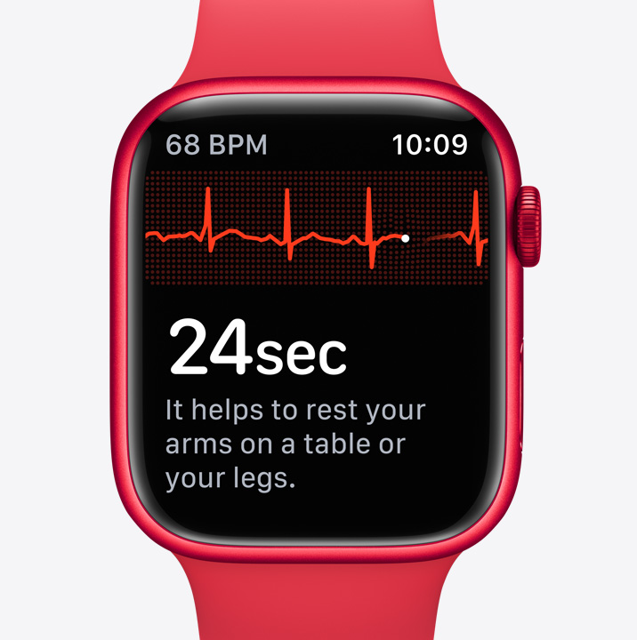 An Apple Watch Series 9 showing the ECG app taking a reading.