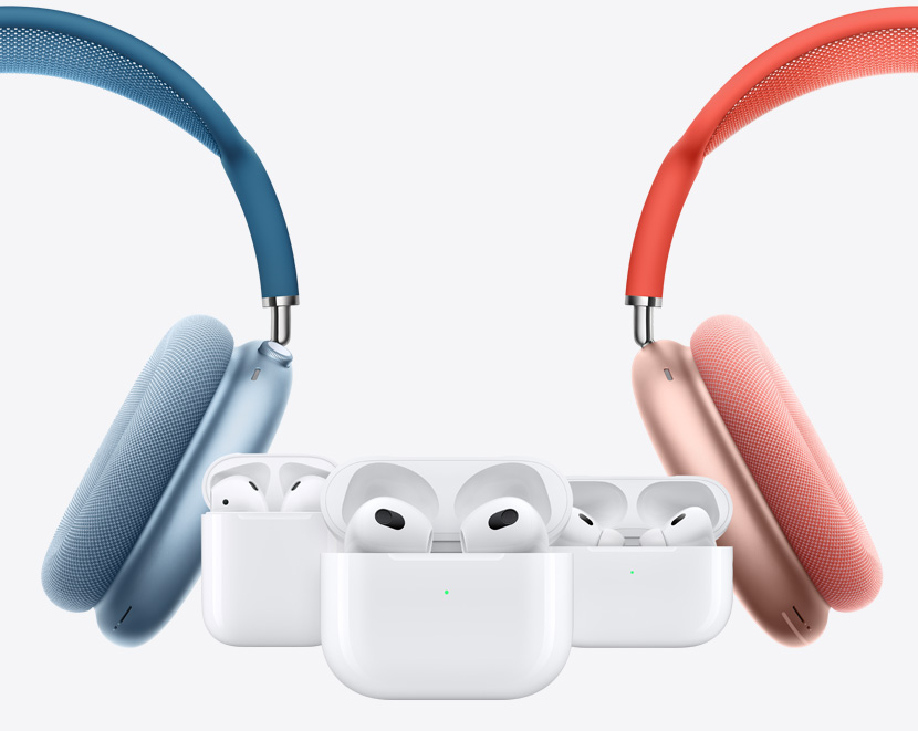 Two AirPods Max around AirPods 2nd Generation, AirPods 3rd Generation and AirPods Pro 2nd Generation.