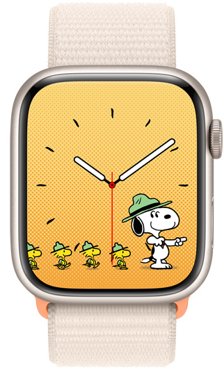 Watch face depicting Snoopy leading a group of Woodstock scouts.