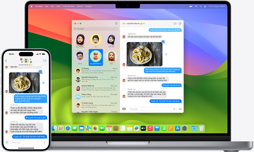 Một chiếc iPhone và một chiếc MacBook đang hiển thị cùng một cuộc trò chuyện iMessage.