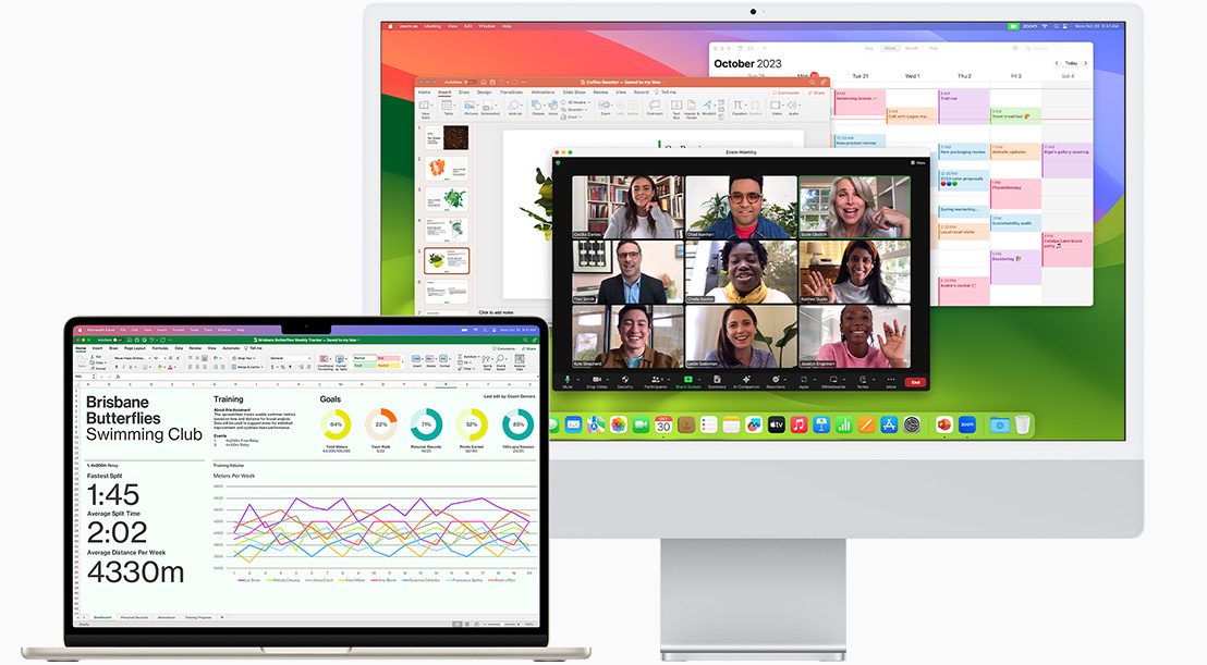 Hình ảnh mặt trước của MacBook Air đang hiển thị Microsoft Excel và hình ảnh mặt trước của iMac đang hiển thị Zoom, Lịch, và Microsoft PowerPoint.