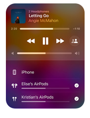 Apple Music interface on iPhone that shows two pairs of AirPods listening to the same song from one device, both sets of AirPods have individual volume settings.