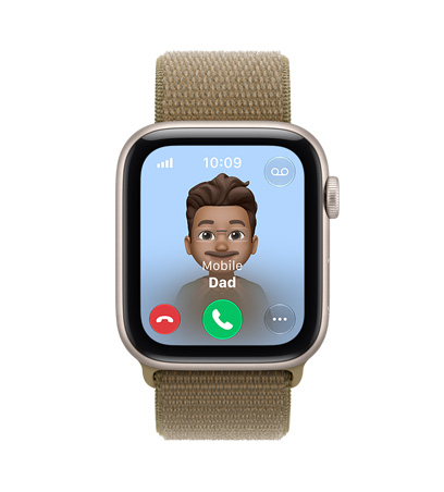 Apple Watch SE 3, screen shows incoming call from Dad, aluminium case, starlight colour, connected to Sport Loop band, olive colour (light brownish-green)