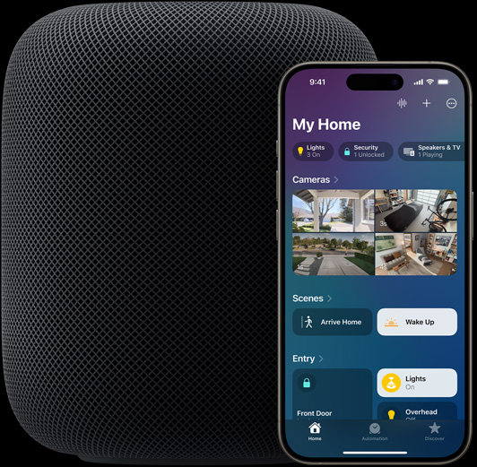 An iPhone — featuring the Home app home screen — is placed slightly in front of a HomePod speaker