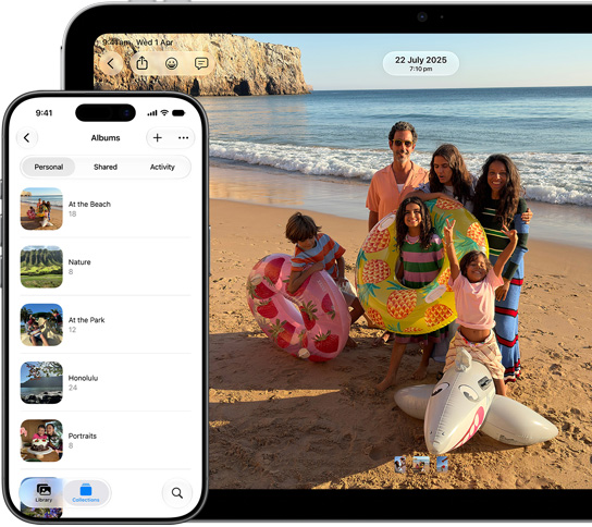 iPhone screen showing a list of photo albums in the Personal tab of Albums, an iPad screen showing a full-screen photo of a family at the beach