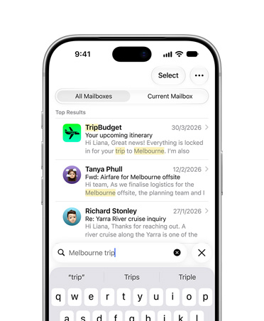 iPhone 18 Pro, Silver, screen showing selection of emails retrieved from search term New York trip