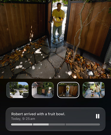 HomeKit video camera screenshots of person entering a gated backyard, AI-generated description displayed is: Robert arrived with a fruit bowl, Today, 9:25 am